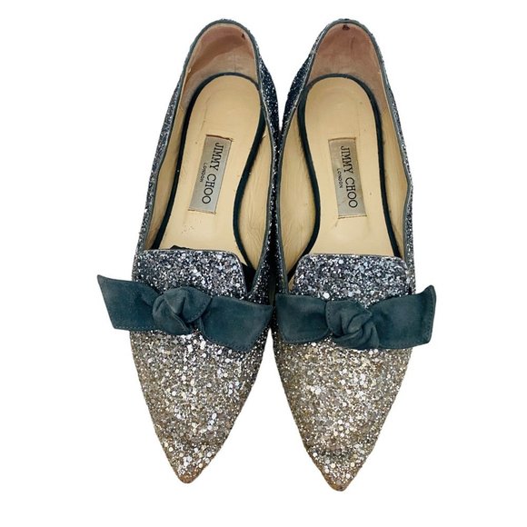 Jimmy Choo Gabie Flat Silver/Dusk Glitter Flats Women's Size 39 + Box + Dustbag - Picture 2 of 12